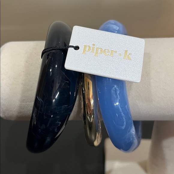 Piper K | Bangle Set (3) ~ Gold & Marbled Navy and Sky Blue - Picture 2 of 8